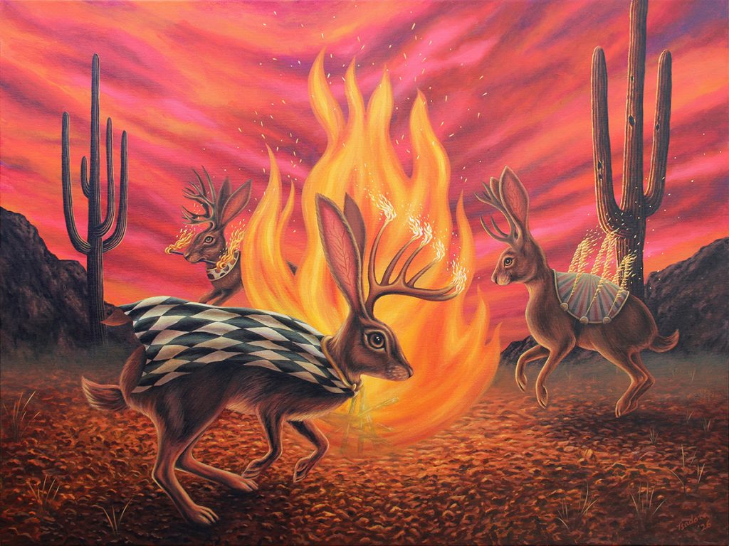 Jackalope painting with fire dancers by Isadora Hale